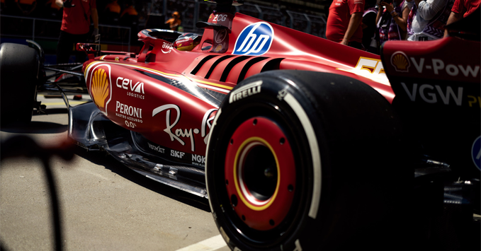 Ferrari SF-24 sidepods, vents, tires, garage