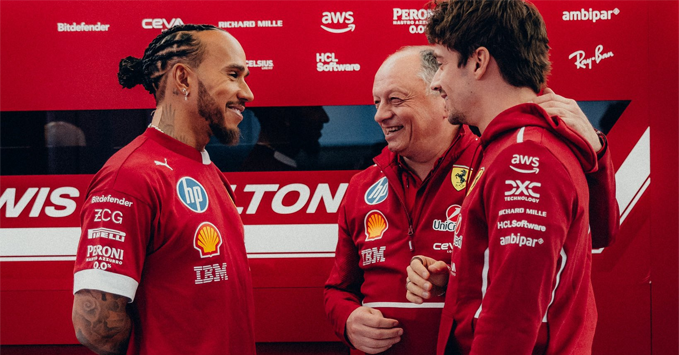 Lewis Hamilton, Fred Vasseur, Charles Leclerc, 2025 F1