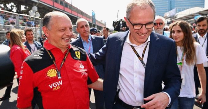 Fred Vasseur Ferrari team principal, Stefano Domenicali F1 CEO
